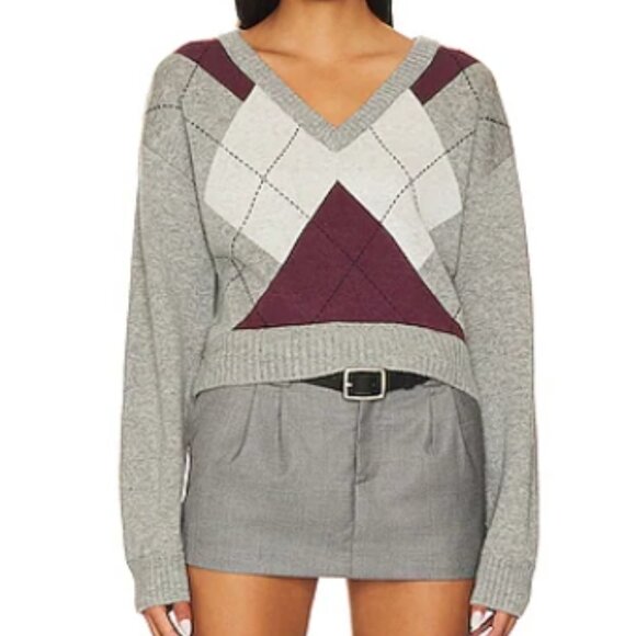 Steve Madden NWOT Women's L Gray Argyle Houston Academia Wool Blend Sweater - Picture 1 of 11